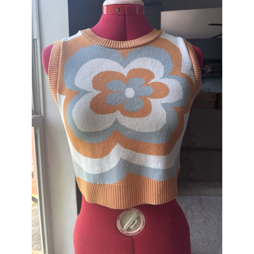Altar’d State Women’s Small Retro Floral Sweater Tank Crop Top Peach Blue Knit
